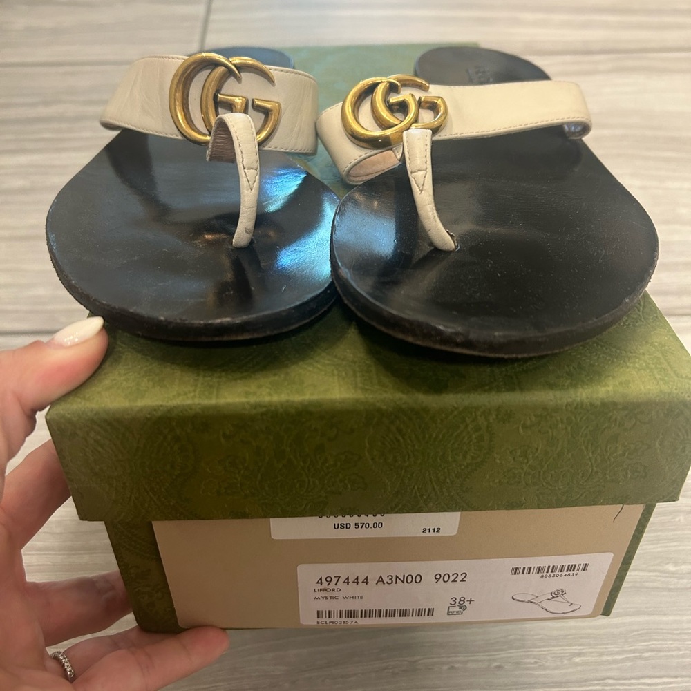 Gucci Lifford T-Strap Sandal, White Leather, Gold GG, Size 38.5